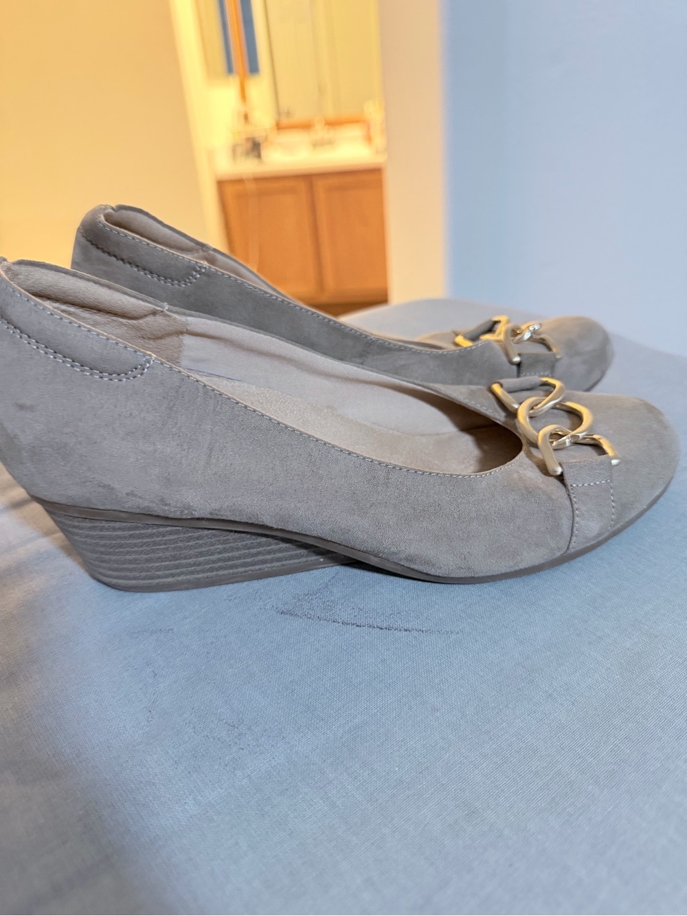 Dr. Scholl's Taupe Suede Wedge Loafers with Gold Chain